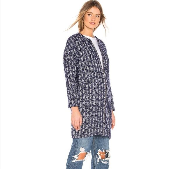 Collarless Blue White Tweed Mid-Length Coat by Tularosa
